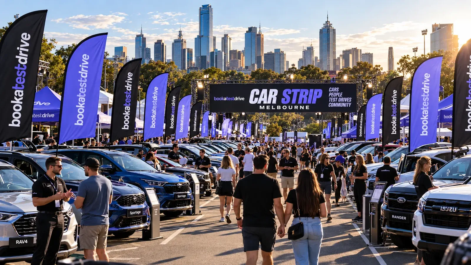 Car Strip Melbourne concept visual — rows of new cars, Book a Test Drive flags and the Car Strip Melbourne banner against the city skyline